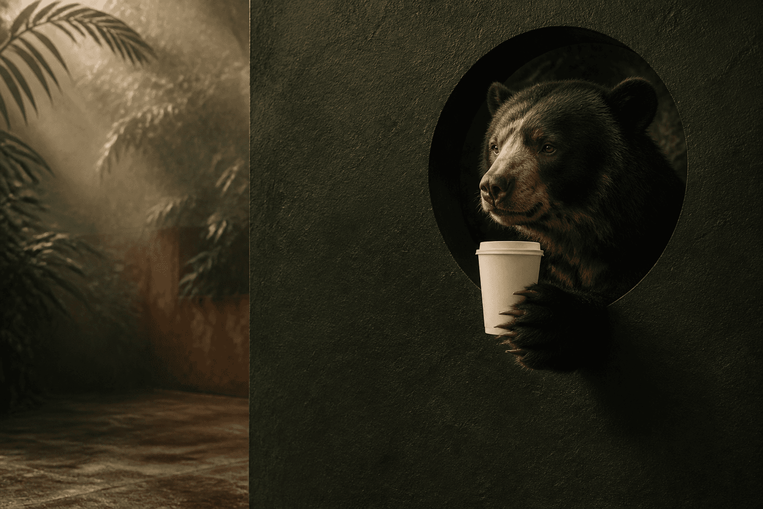Garru, oso andino sosteniendo un vaso de cafe